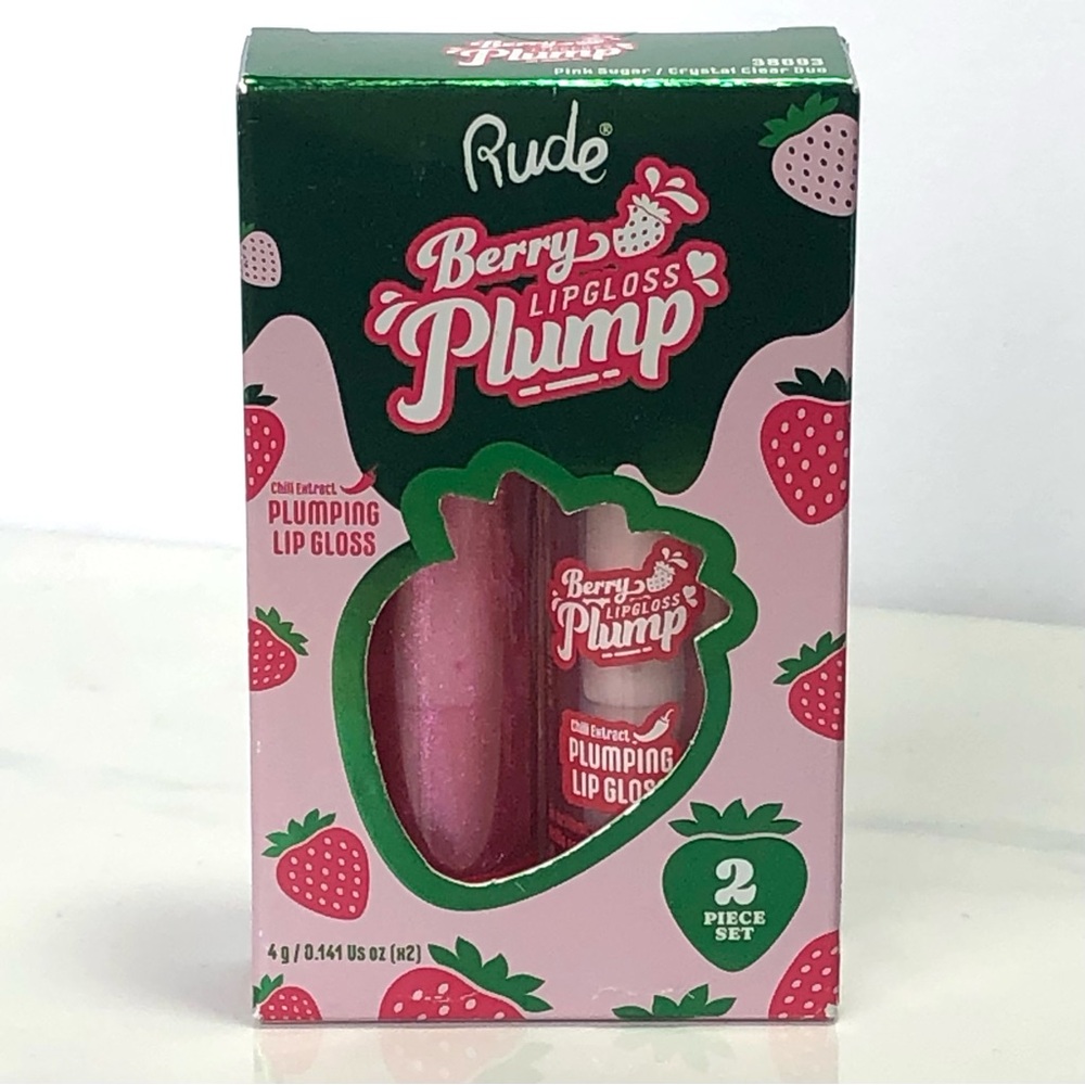 Rude Berry Lip Plumping Gloss Set for Fuller Lips Pink Sugar / Crystal Clear Duo